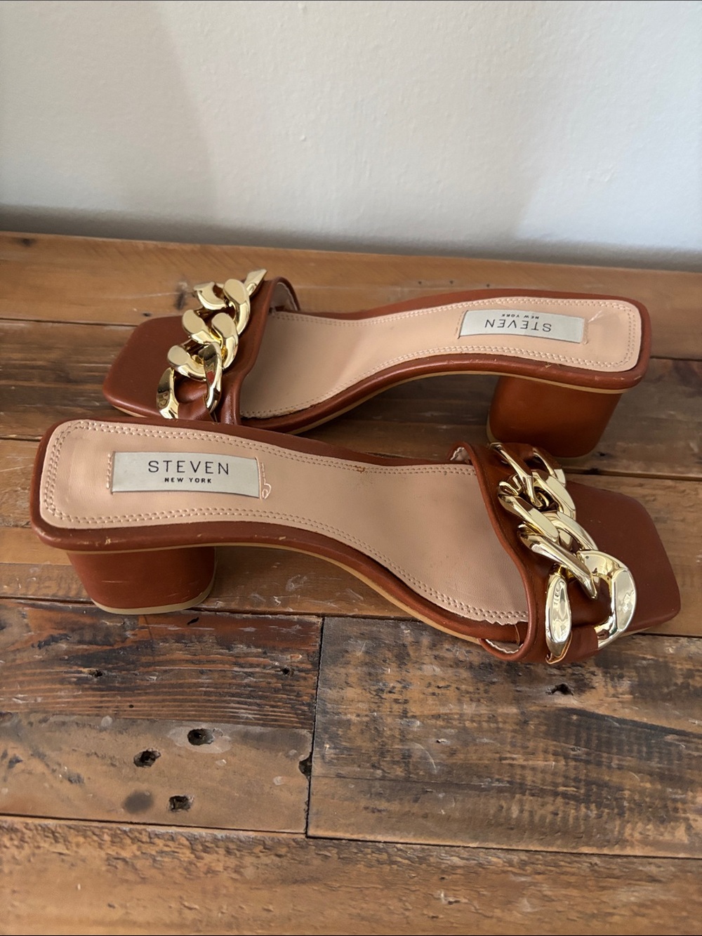 Steven By Steve Madden Brown Leather Block Heel Mules with Gold Chain